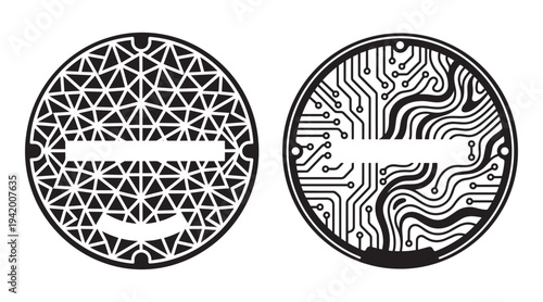 Circular manhole cover design set with geometric triangular pattern and electronic circuit vector