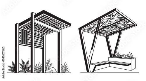 Modern bus stop shelter designs with wooden slats and metal frame structures in vector illustration