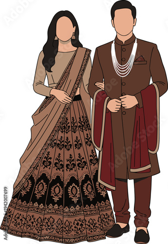Indian couple in traditional wedding attire vector illustration concept