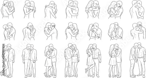 Romantic couples hugging kissing collection love line art vector illustration set