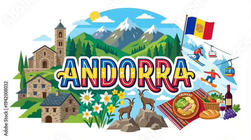 Andorra Culture and Tourism Vector Illustration with Pyrenees Mountains Skiing and Romanesque