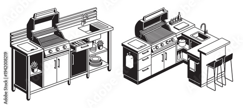Outdoor barbecue grill kitchen island with sink and serving counter vector illustration