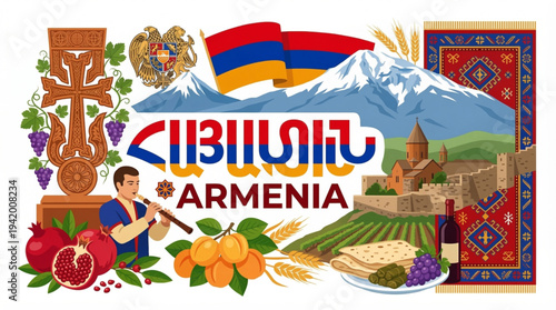 Armenia Culture and Tourism Vector Illustration with Mount Ararat Monasteries and National Symbols
