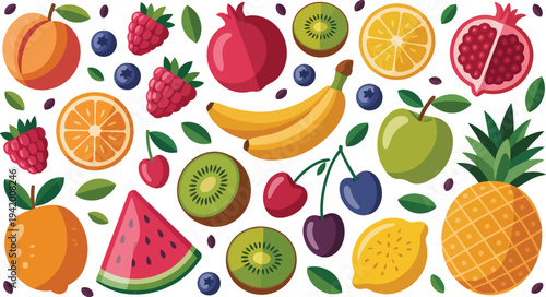 A diverse assortment of fresh and ripe fruits like pineapple, bananas, berries, and citrus, brightly arranged on white