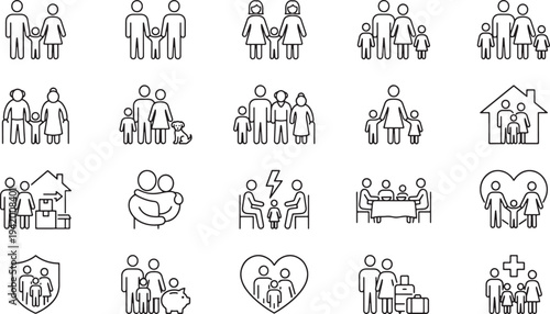 Family Line Icons Set - Outline People and Relationship Symbols Collection Vector