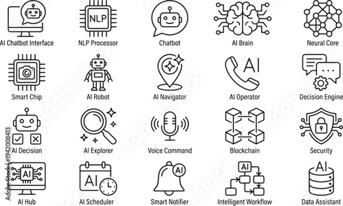 Artificial Intelligence Line Icons Set - Outline AI Technology Symbols Collection Vector