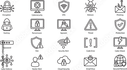 Cyber Threat Line Icons Set - Outline Hacking and Network Security Symbols Collection Vector
