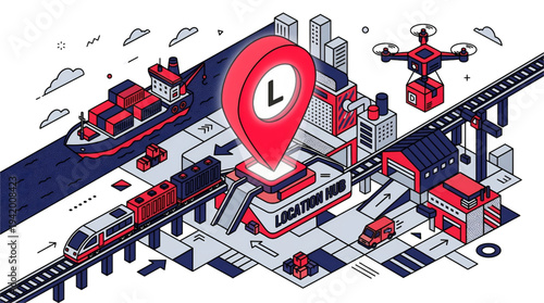 Logistics Location Hub with Ship, Train, Drone, and Delivery Van, isolated on transparent background