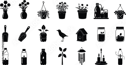 Silhouette of various objects and plants in black on a white background featuring a silhouette