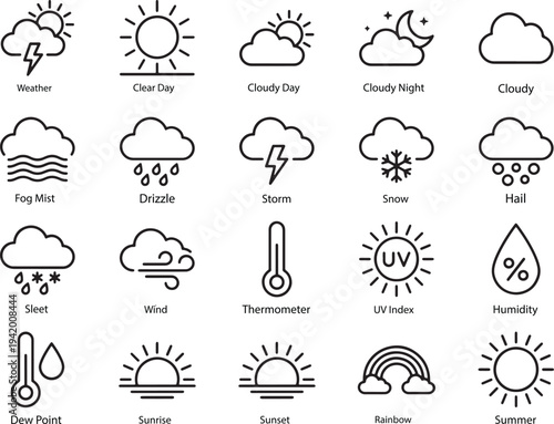 Weather Forecast Line Icons Set - Outline Meteorology Symbols Collection Vector