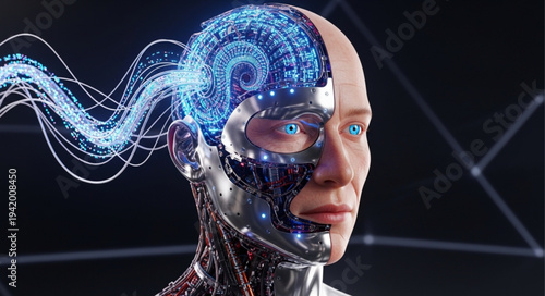 Futuristic Human Robot with Digital Neural Network.