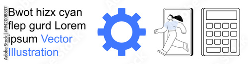 Technology, productivity, innovation, business solutions, digital tools, teamwork. Gear symbol, person walking and calculator graphic. Technology and productivity visualization