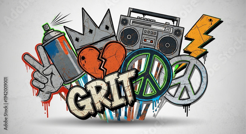 Colorful Graffiti Art with Peace and Heart Symbols.