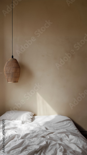 Wallpaper Mural minimalist bedroom nook with warm tones, natural daylight, beige lime plaster and natural linen on the bed, vertical copy space poster for Mediterranean style home design Torontodigital.ca