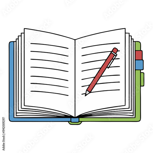 Open notebook with lined pages and a red pen flat vector illustration.