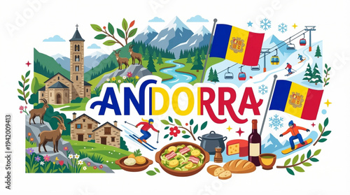 Andorra Culture and Tourism Vector Illustration with Pyrenees Mountains Skiing and Romanesque
