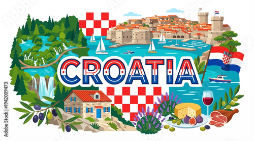 Croatia Culture and Tourism Vector Illustration with Dubrovnik Walls Plitvice Lakes and National Symbols
