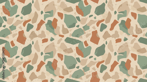 Elevate your space with this vibrant terrazzo pattern featuring green, orange, and beige stones, perfect for adding a pop of color and visual interest to any room