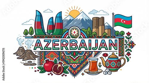 Azerbaijan Culture and Tourism Vector Illustration with Flame Towers Baku and National Symbols