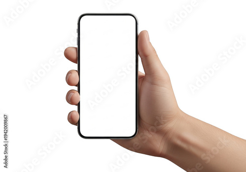 Hand holding a smartphone with blank screen isolated on transparent background