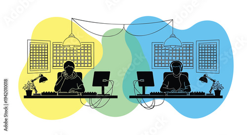 Vector illustration of two people working at desks with computers and lamps
