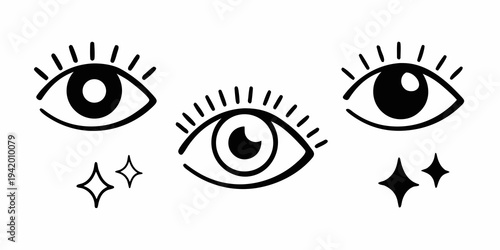 A collection of stylized black and white eye illustrations with sparkle details