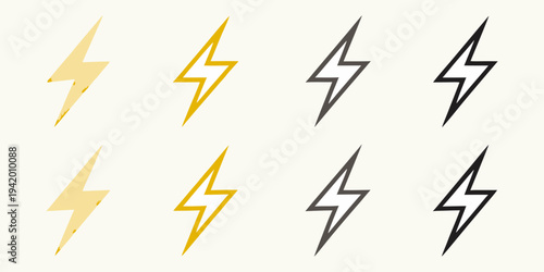 Collection of stylized lightning bolt icons in varying shades and tones