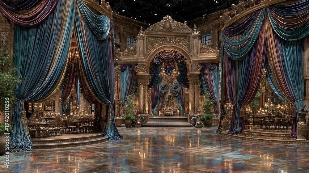 Obraz premium Opulent ballroom interior with draped curtains and intricate architectural details creating a