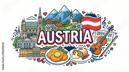 Austria Culture and Tourism Vector Illustration with Alps Mountains Vienna and Classical Music Icons