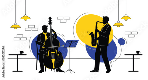 Vector illustration of jazz musicians playing saxophone and double bass