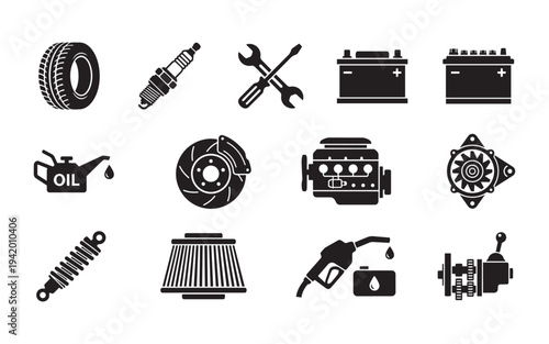 Black silhouette automotive parts vector illustration collection for car maintenance and garage sign