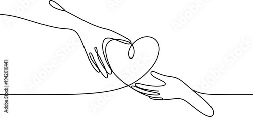 A graceful continuous line drawing shows one hand offering a heart to another reaching hand