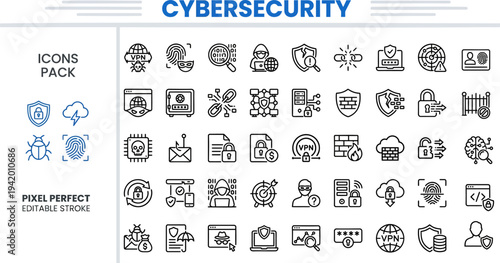 Cybersecurity and Data Protection Outline Vector Icon Set — Network Security, Encryption, Firewall, VPN and Privacy Editable Stroke Icons for Web and App UI