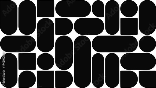 A grid arrangement of diverse black geometric shapes creates a modern, interlocking visual pattern