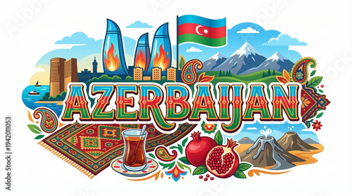 Azerbaijan Culture and Tourism Vector Illustration with Flame Towers Baku and National Symbols