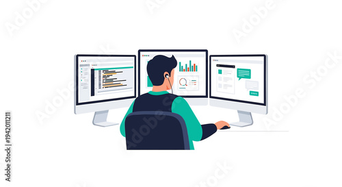 Vector illustration of man working on computer with triple monitor setup