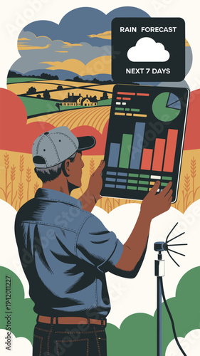 Farmer monitoring crops using tablet smart agriculture technology. Smart farming concept showing farmer using digital tablet to monitor crops and agricultural data in field.