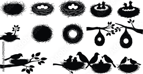 Silhouette of birds and nests in various poses and arrangements