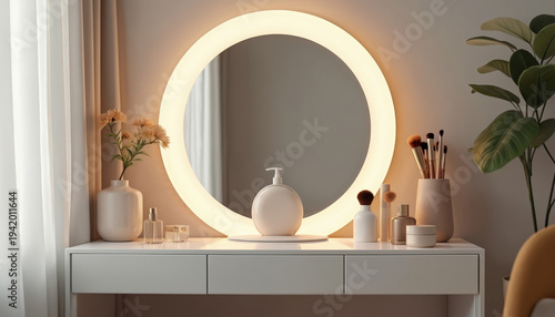 Modern white dressing table with round illuminated mirror. Makeup brushes, skincare bottles, vase with flowers on vanity. Elegant bedroom furniture, beauty station.