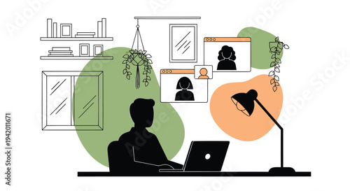 Vector illustration of a person working on laptop at home office