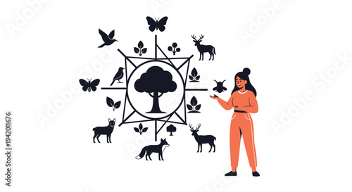 Vector illustration of woman interacting with animals and tree