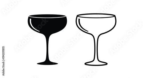 Two cocktail glasses one filled and one empty in black silhouette