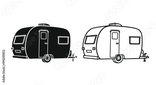 Two vintage camper trailers one solid black and one outlined silhouette