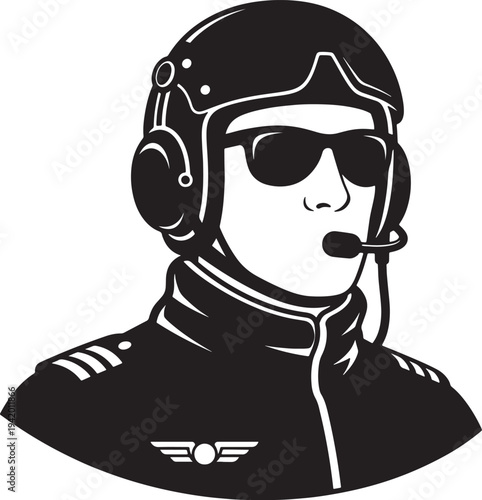 Black and white of a pilot wearing aviator sunglasses helmet and headset also transparent background