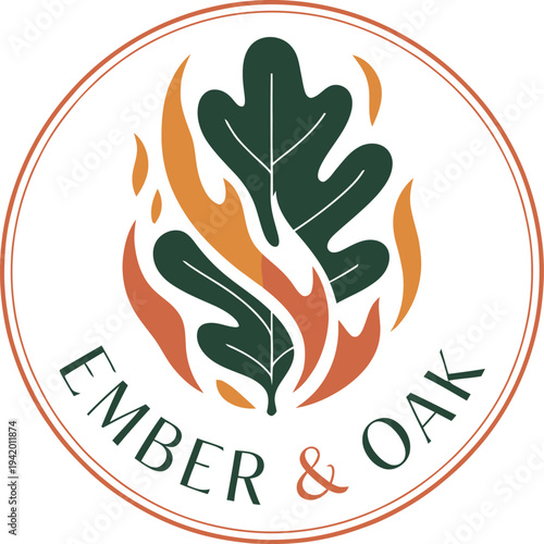 Green oak leaves and orange flames inside a circular border with text logo oak leaf green leaf fire