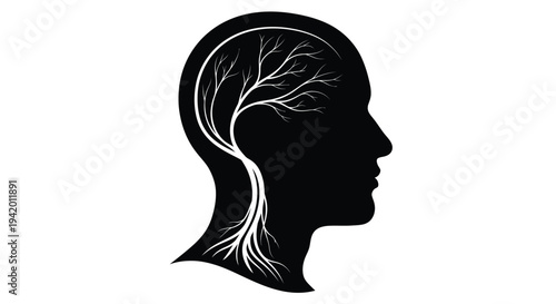Human head profile with tree roots and branches a striking silhouette