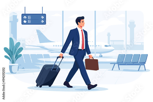 Businessman in a blue suit walking through an airport terminal with luggage and a briefcase, flat vector illustration of professional business travel, departure lounge with airplane background.