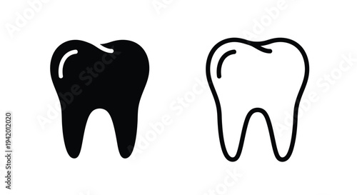 Two tooth icons one filled and one outline in black and white silhouette