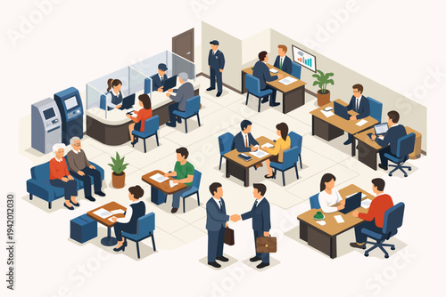 Isometric Vector Illustration of a Busy Bank Interior Branch with Employees Serving Clients, Business People Shaking Hands, Customers at ATMs, and Financial Consultants at Desks in a Modern Office.