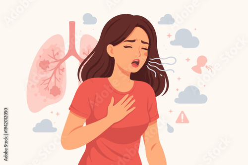 Vector illustration of a woman with shortness of breath and chest pain, depicting chronic obstructive pulmonary disease COPD, asthma attack, respiratory health issues, and breathing difficulties.